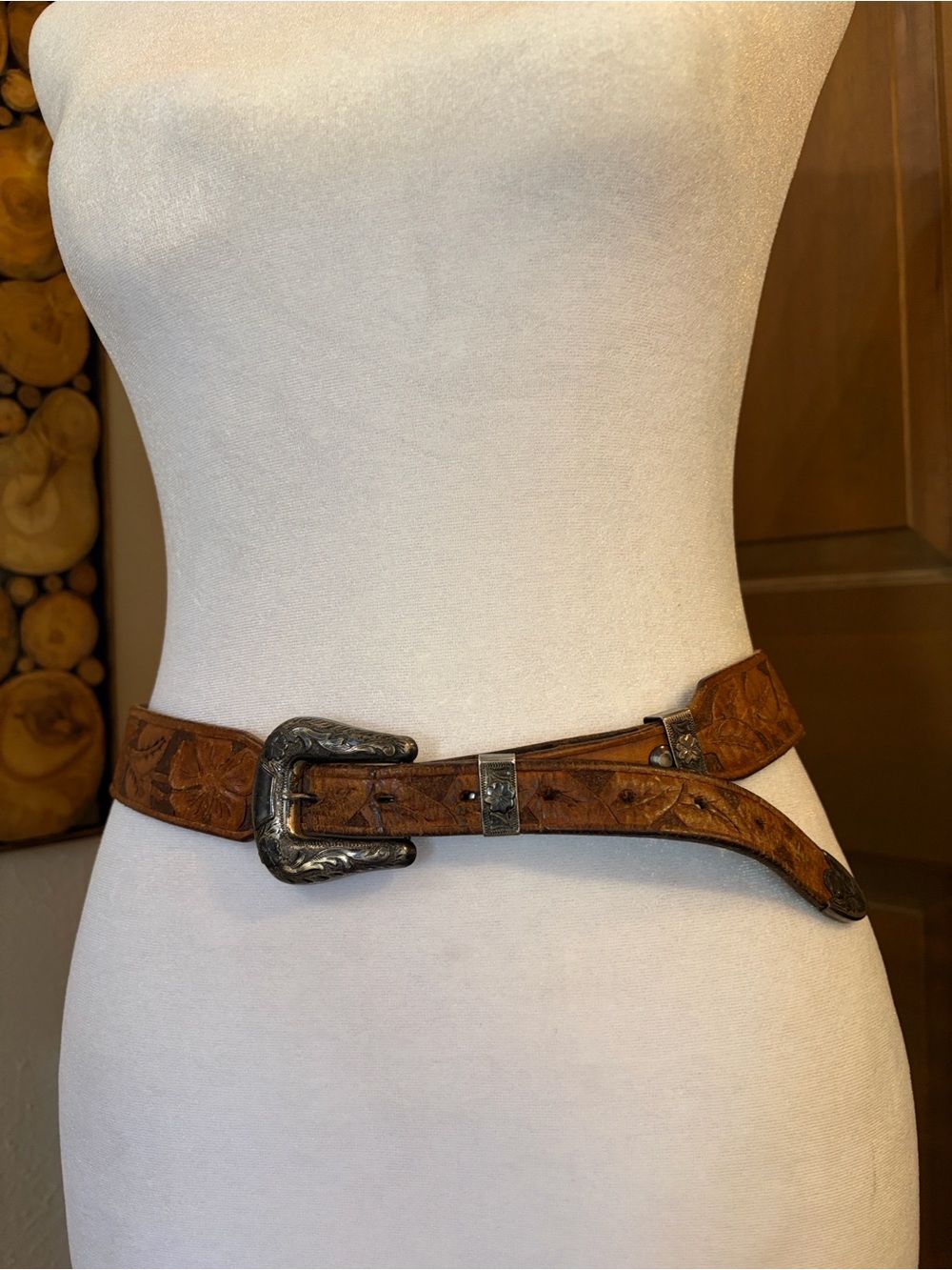 Vintage western tooled belt HIBCO 10k Sterling Silver Buckle Set carved leather - Picture 2 of 14
